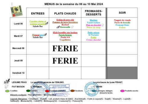 Les menus des semaines 19, 20, 21 et 22 (2024) du SCR de Poligny (Lycée Friant & ENILEA)